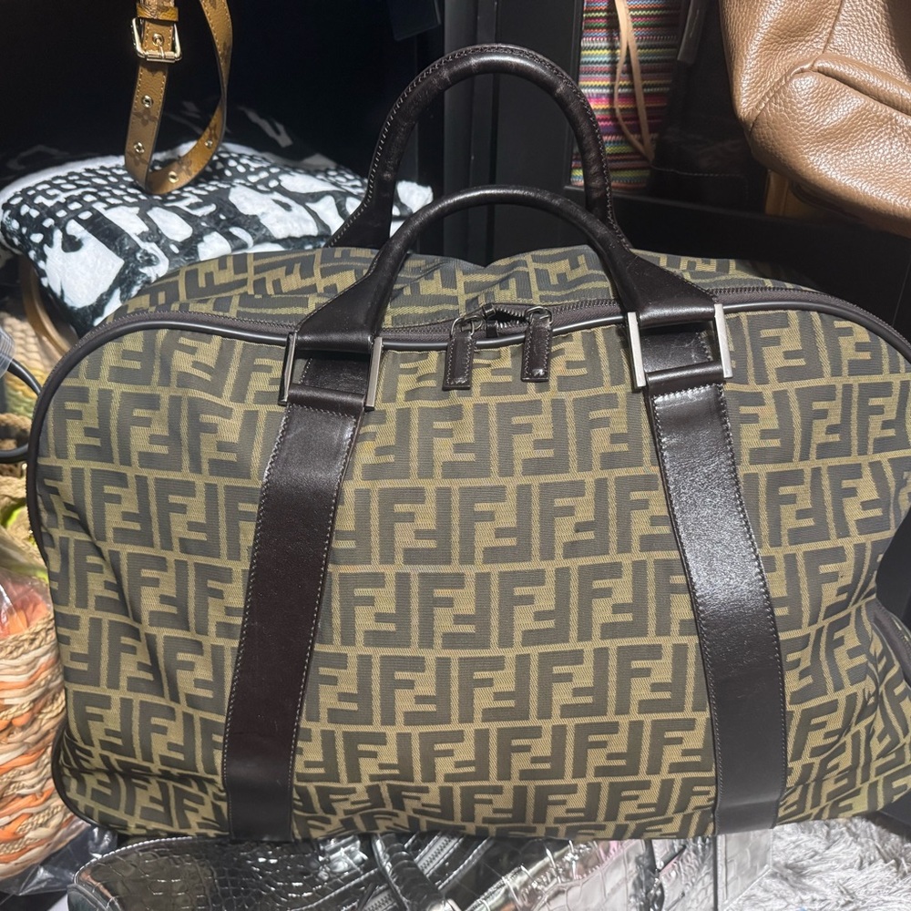 Fendi Olive Green and Dark Brown FF Logo Duffel Bag